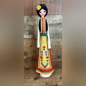 Bulgarian Folk Doll Traditional Costume Bead Accents Wood 12.5" Tall Vintage